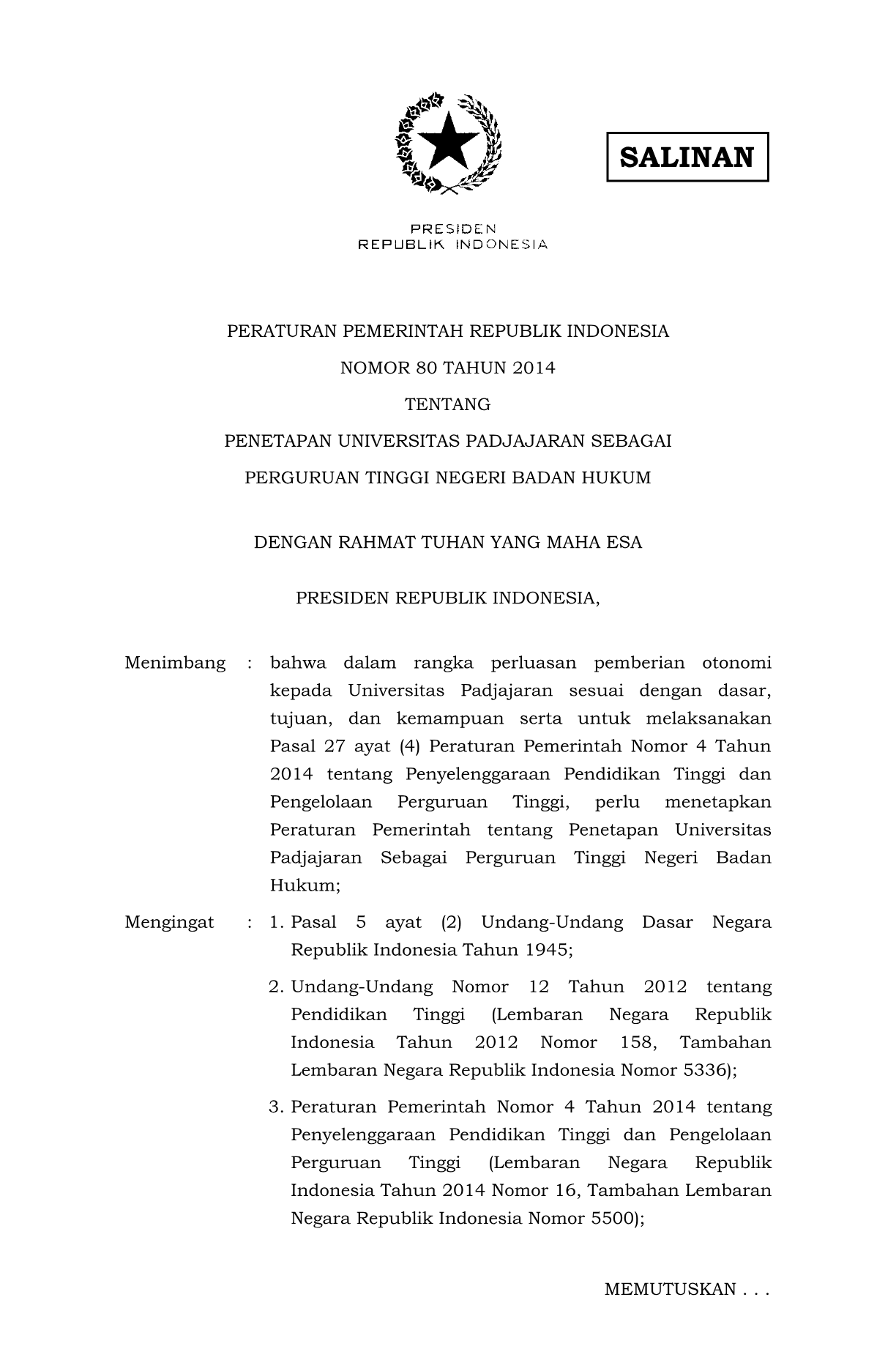 Peraturan Pemerintah Nomor 80 Tahun 2014