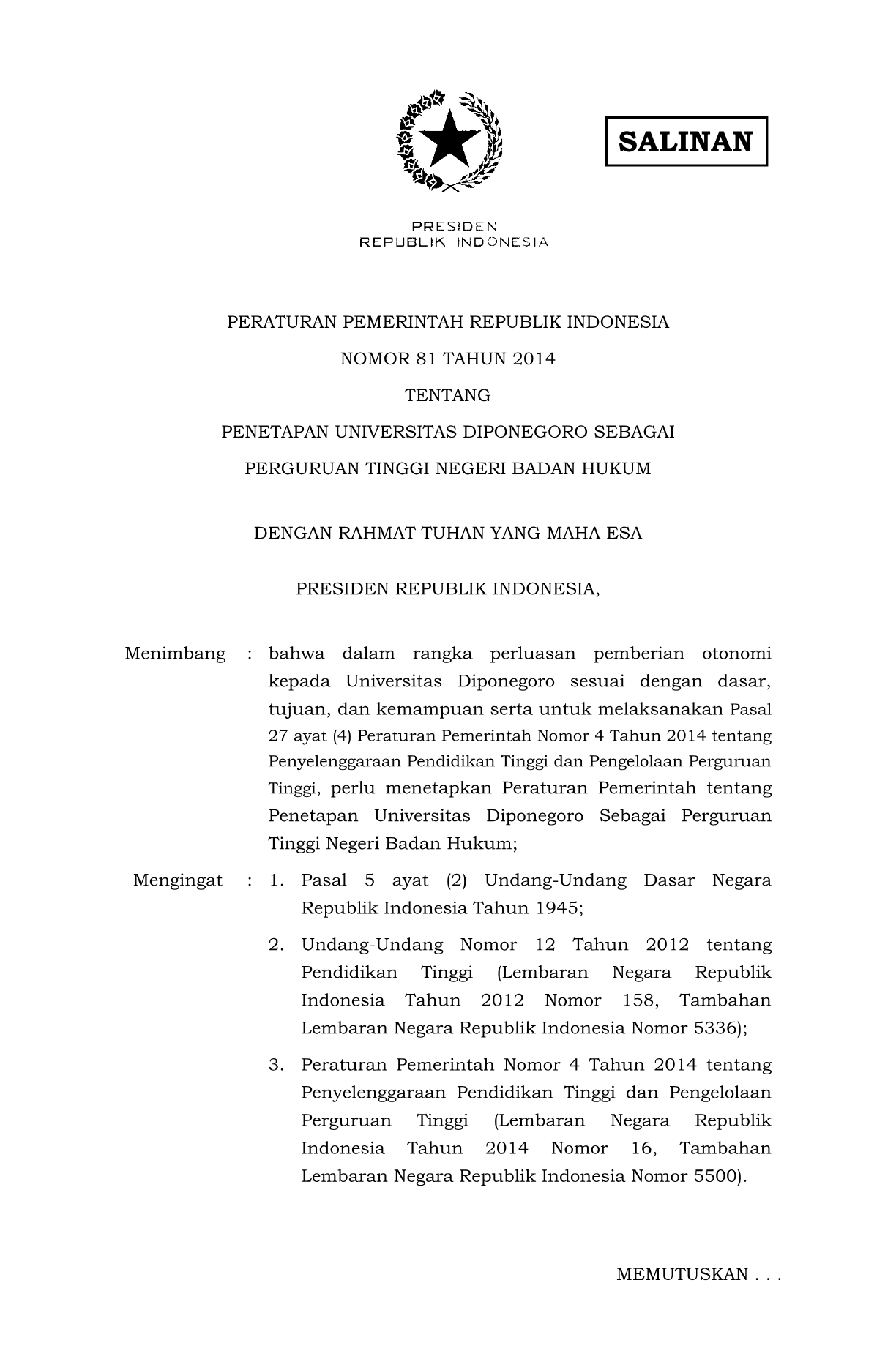 Peraturan Pemerintah Nomor 81 Tahun 2014