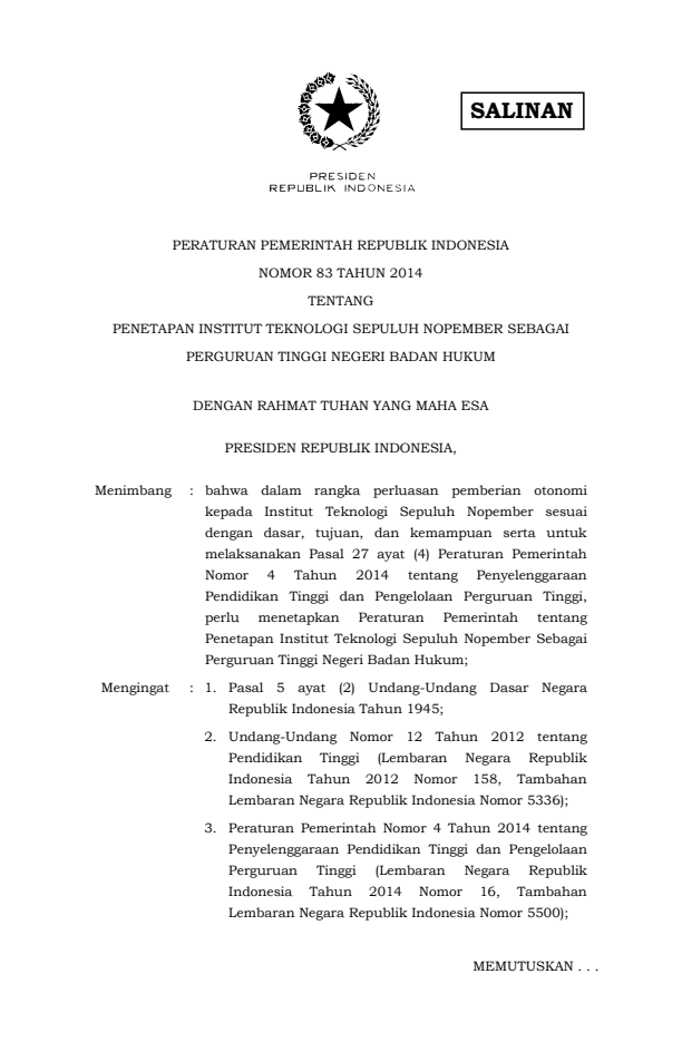 Peraturan Pemerintah Nomor 83 Tahun 2014