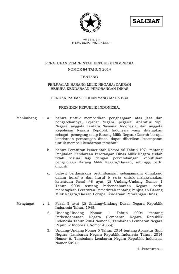 Peraturan Pemerintah Nomor 84 Tahun 2014