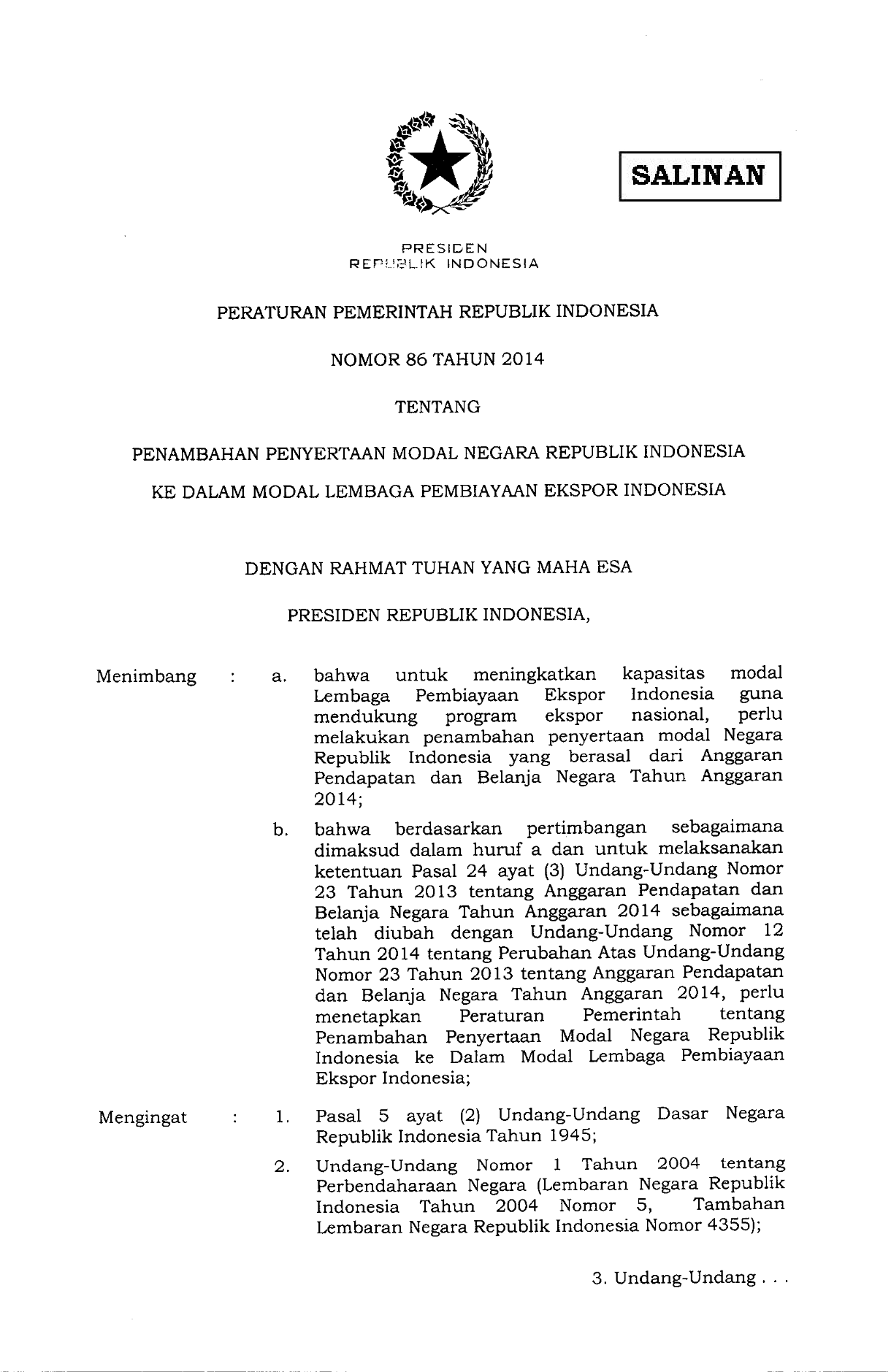 Peraturan Pemerintah Nomor 86 Tahun 2014