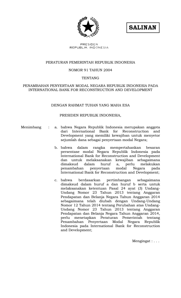 Peraturan Pemerintah Nomor 91 Tahun 2014