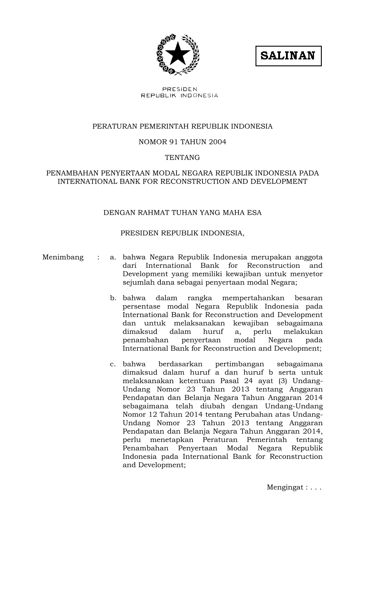 Peraturan Pemerintah Nomor 91 Tahun 2014