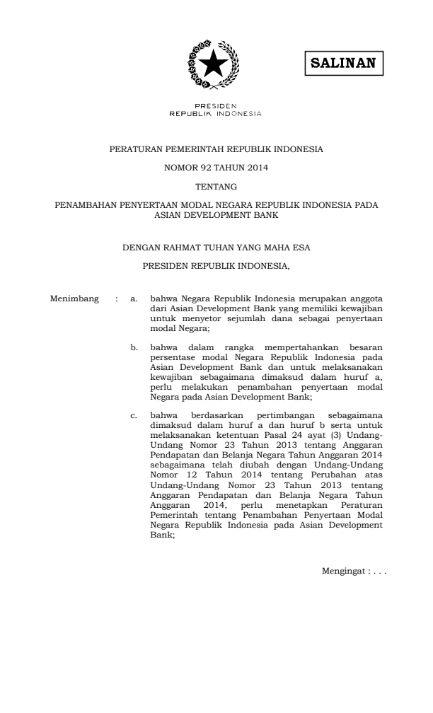 Peraturan Pemerintah Nomor 92 Tahun 2014