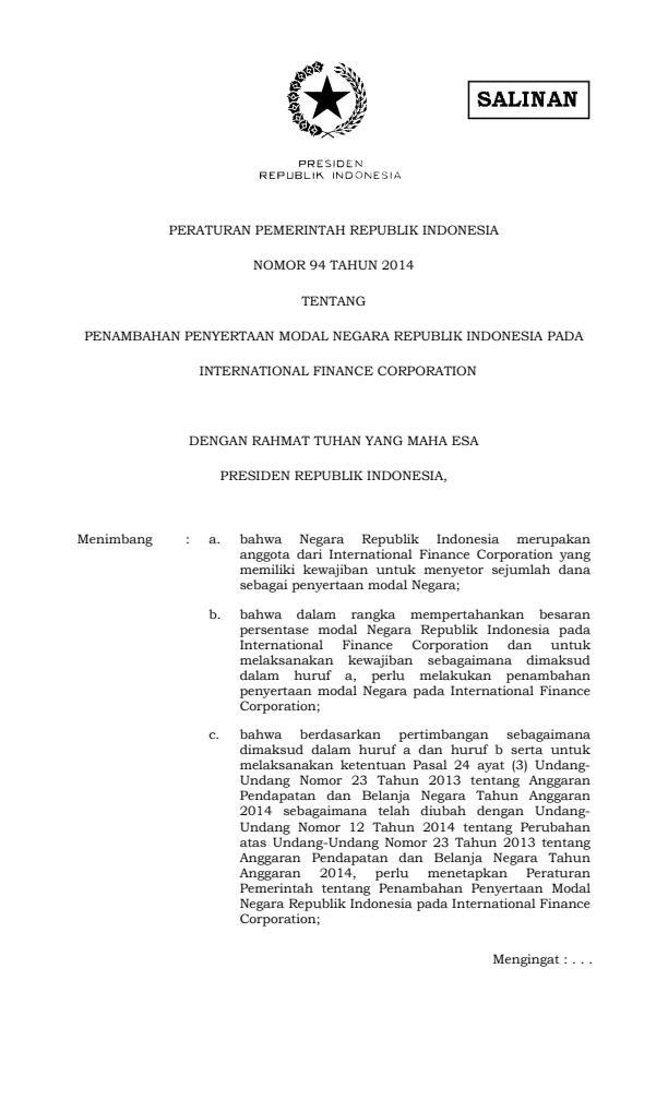 Peraturan Pemerintah Nomor 94 Tahun 2014