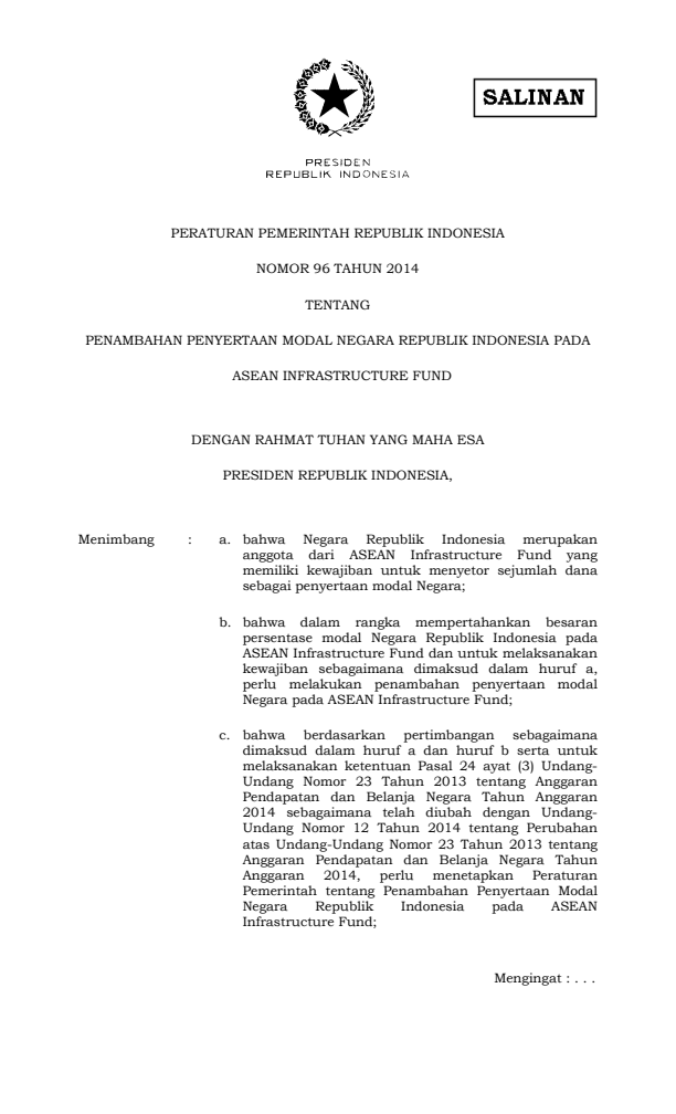 Peraturan Pemerintah Nomor 96 Tahun 2014