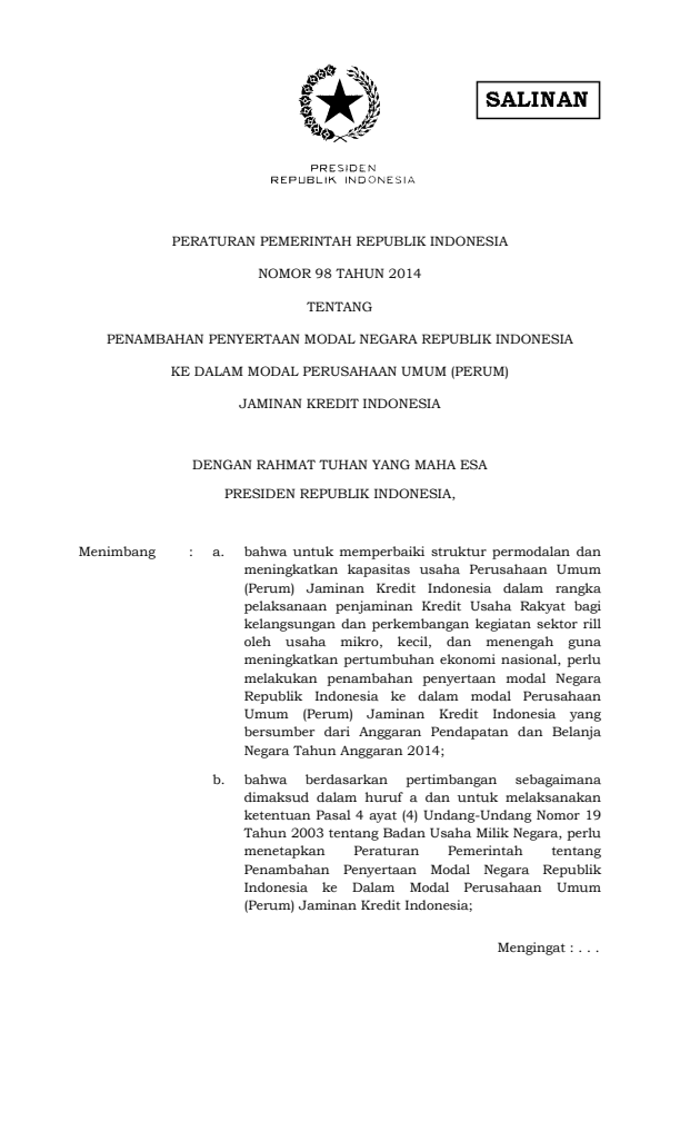 Peraturan Pemerintah Nomor 98 Tahun 2014