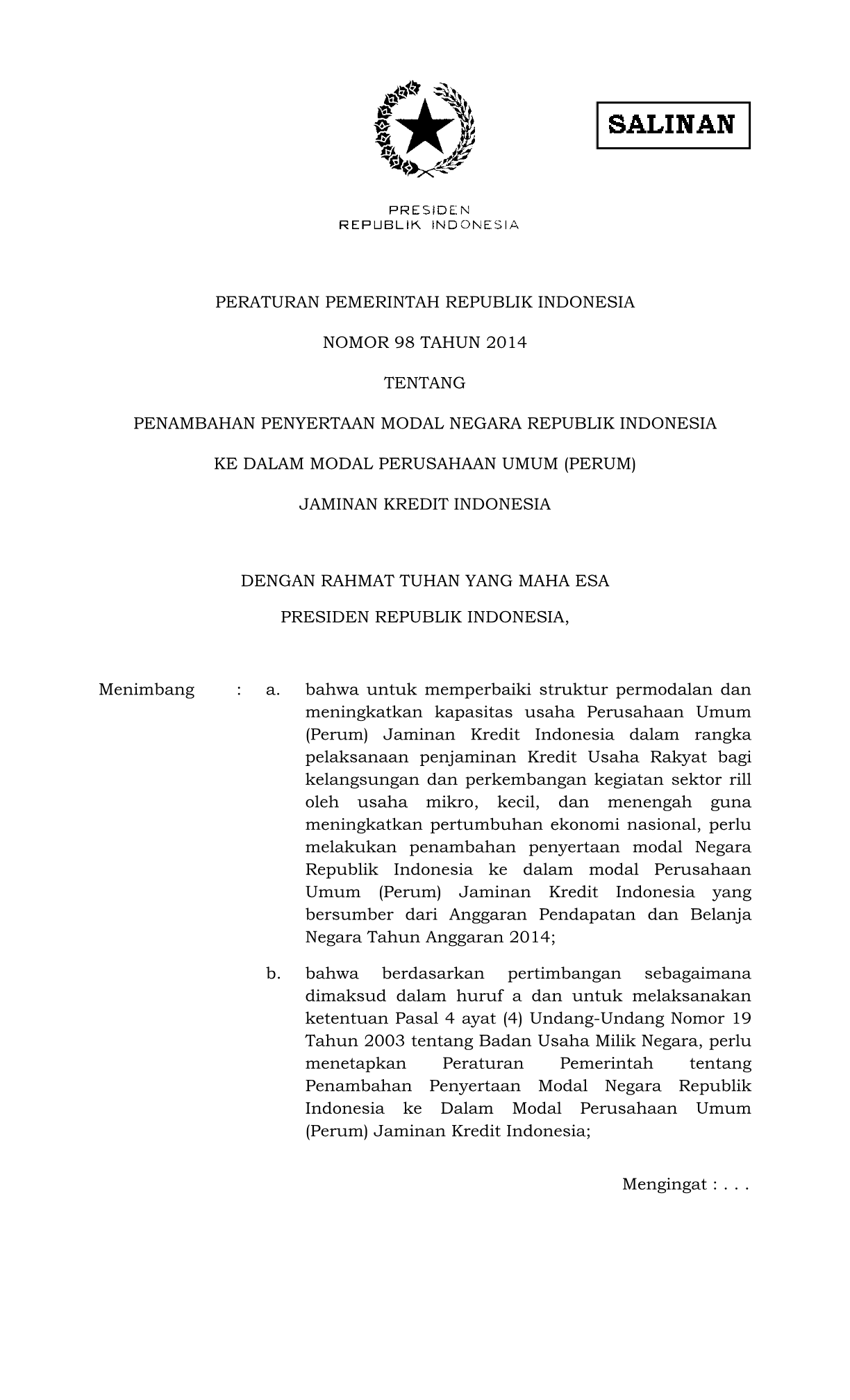 Peraturan Pemerintah Nomor 98 Tahun 2014
