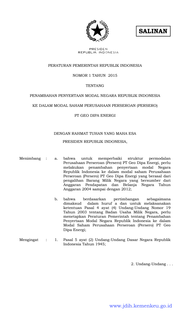 Peraturan Pemerintah Nomor 1 Tahun 2015