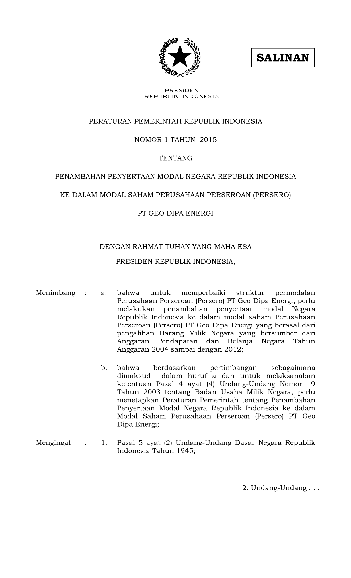 Peraturan Pemerintah Nomor 1 Tahun 2015