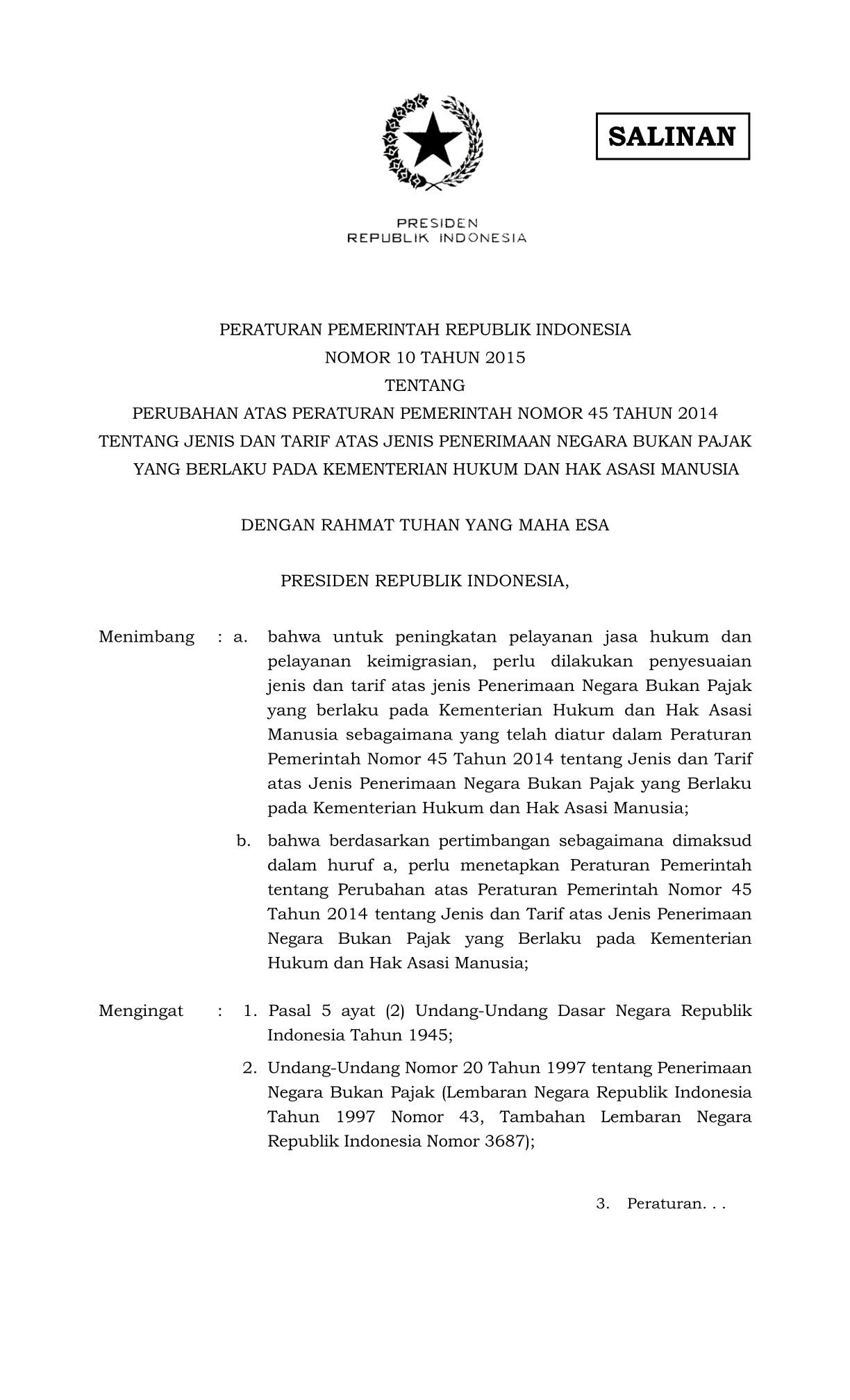 Peraturan Pemerintah Nomor 10 Tahun 2015