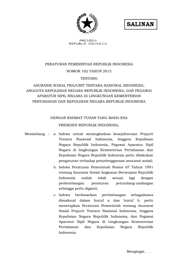 Peraturan Pemerintah Nomor 102 Tahun 2015