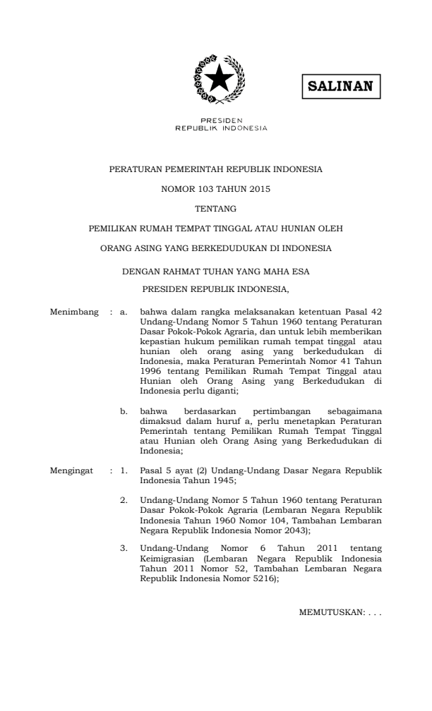 Peraturan Pemerintah Nomor 103 Tahun 2015