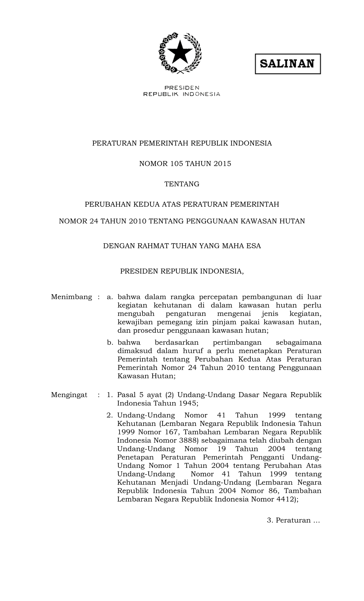 Peraturan Pemerintah Nomor 105 Tahun 2015