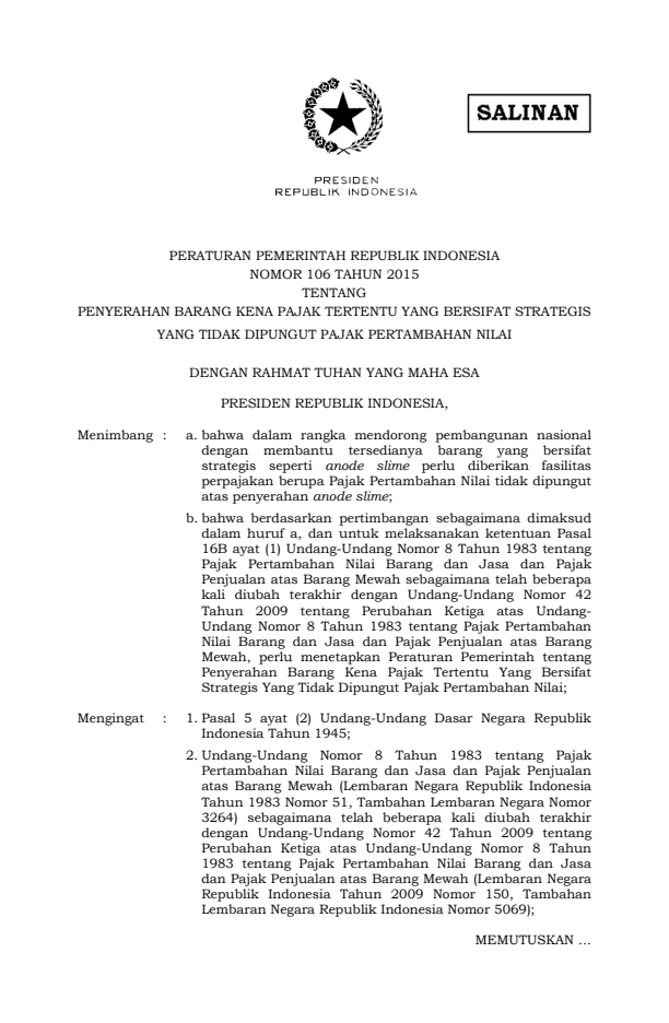 Peraturan Pemerintah Nomor 106 Tahun 2015