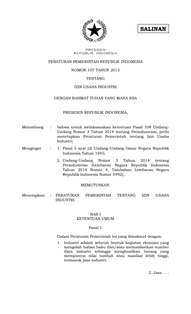 Peraturan Pemerintah Nomor 107 Tahun 2015