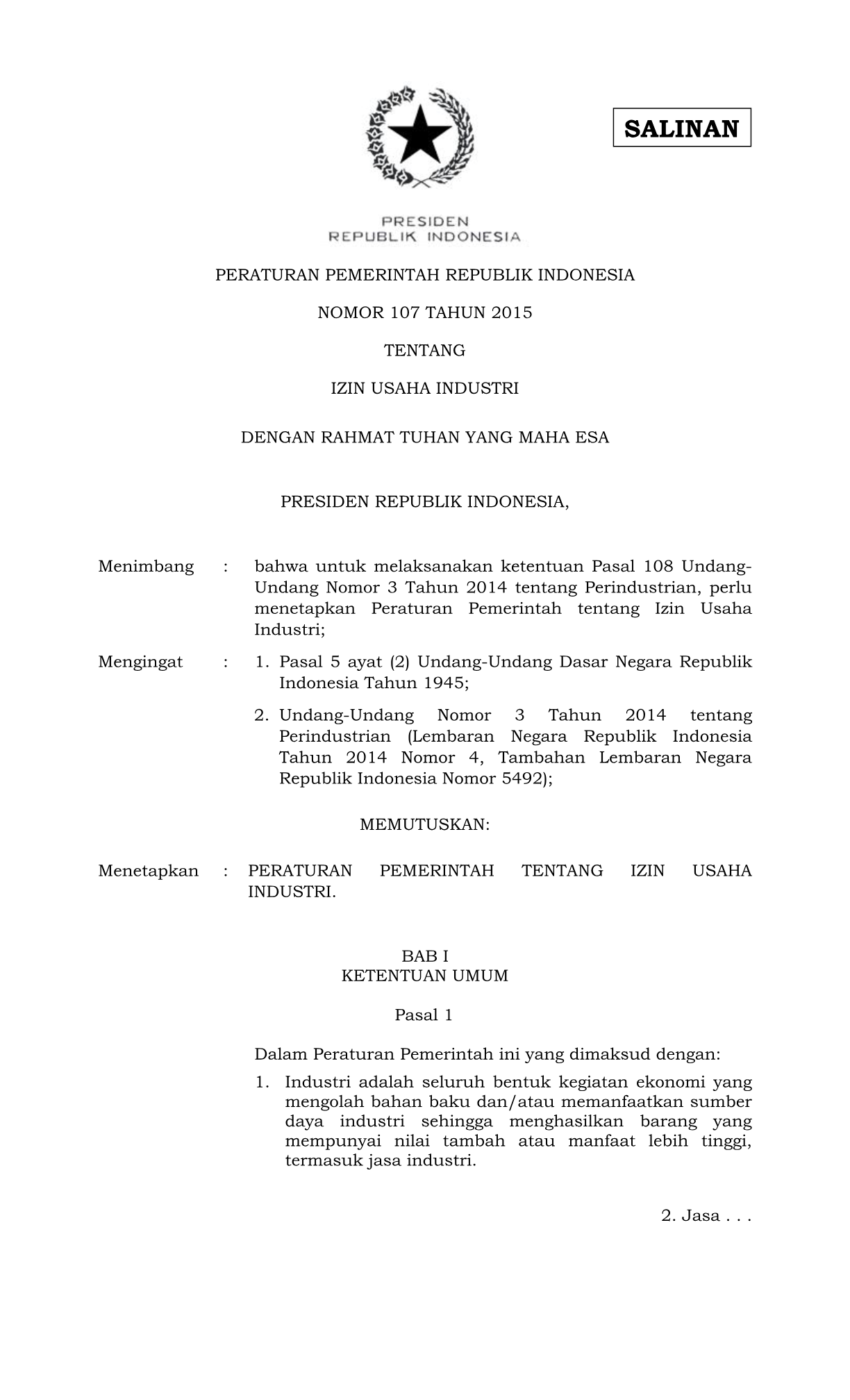 Peraturan Pemerintah Nomor 107 Tahun 2015