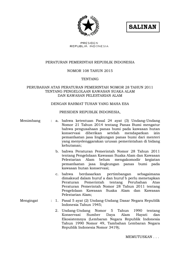 Peraturan Pemerintah Nomor 108 Tahun 2015