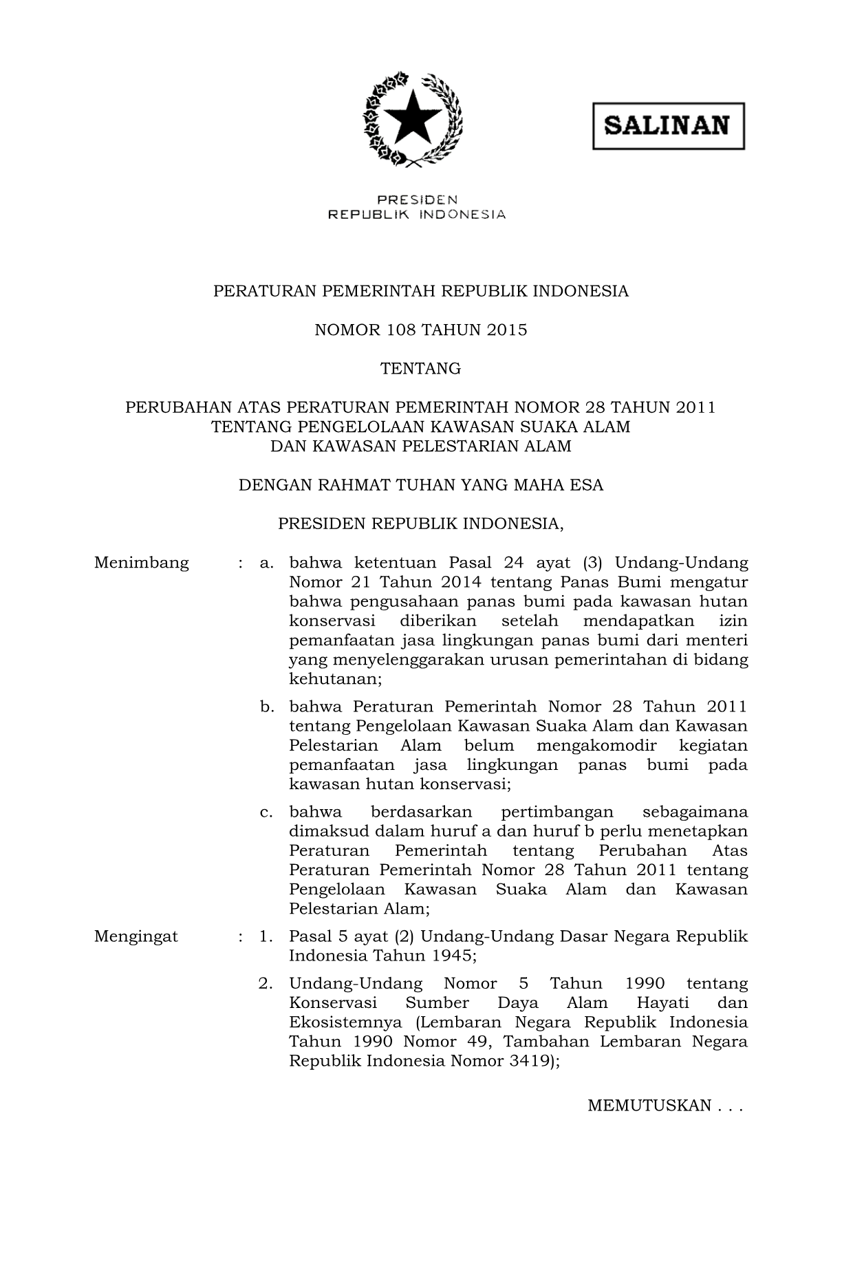 Peraturan Pemerintah Nomor 108 Tahun 2015