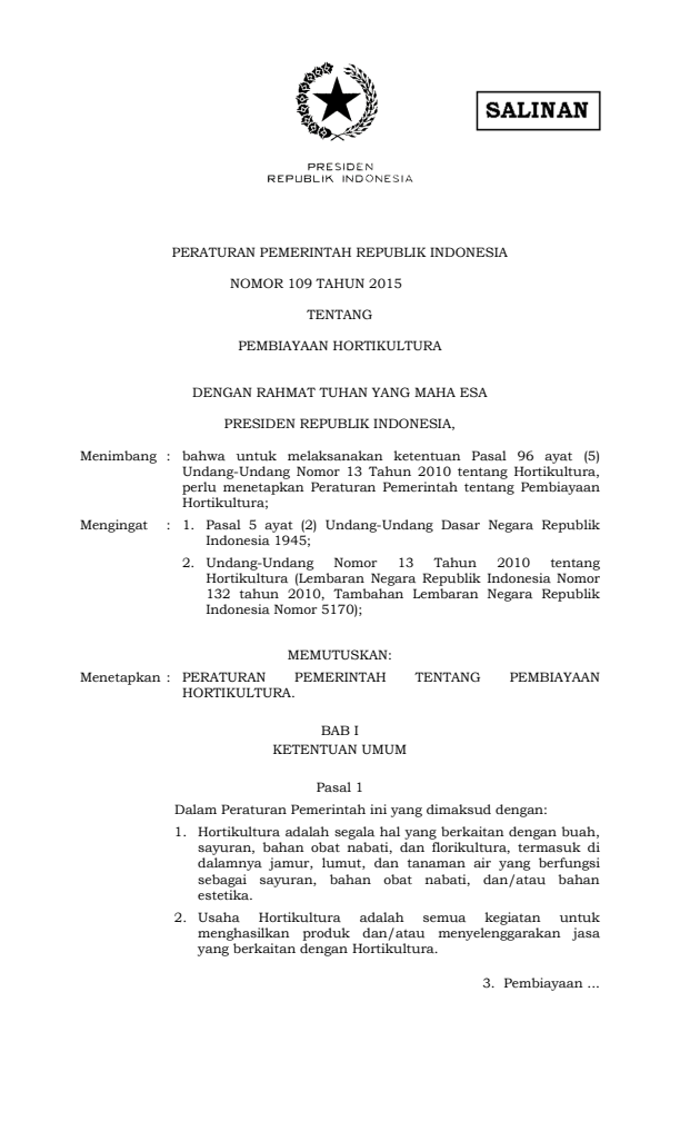 Peraturan Pemerintah Nomor 109 Tahun 2015