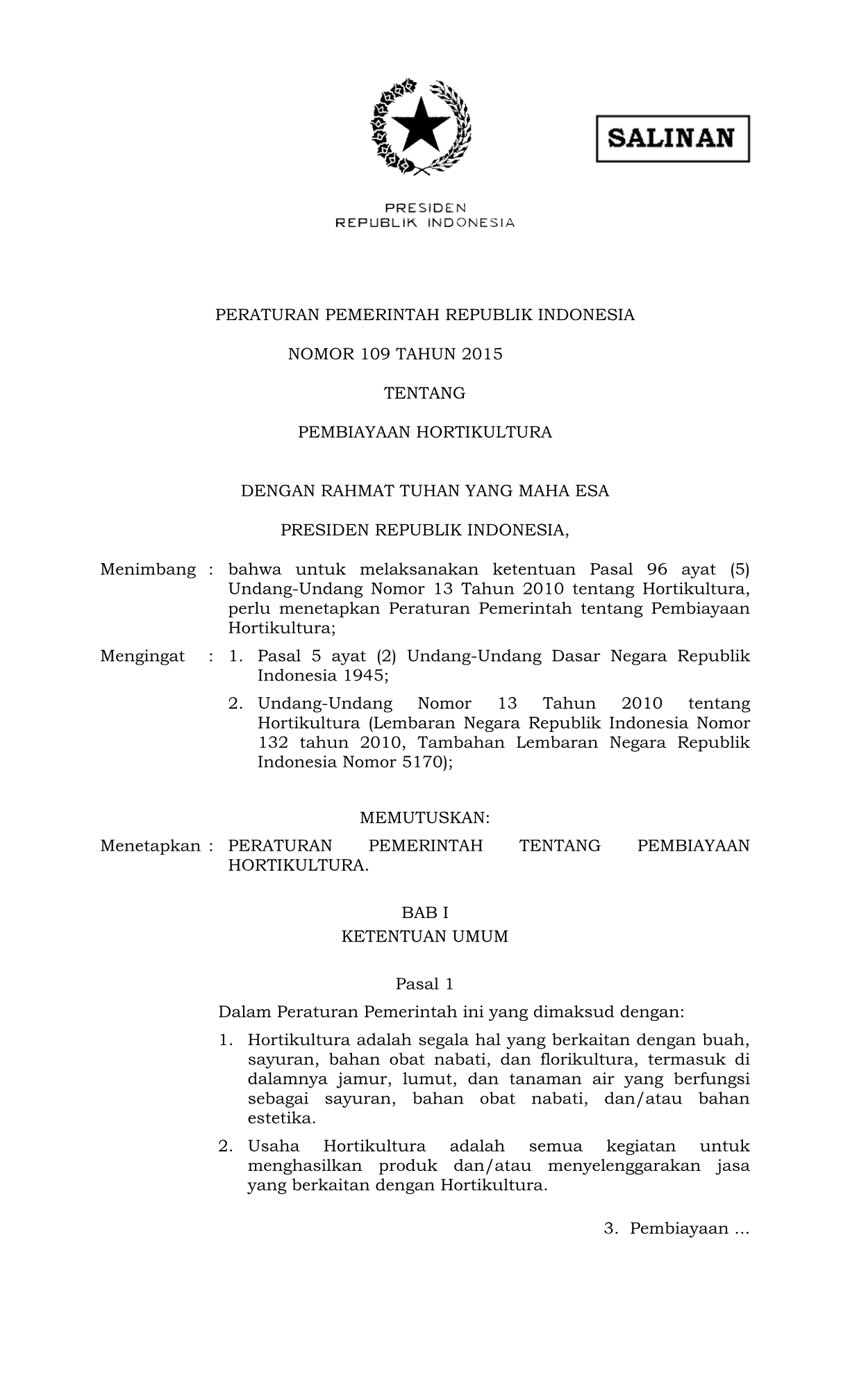 Peraturan Pemerintah Nomor 109 Tahun 2015