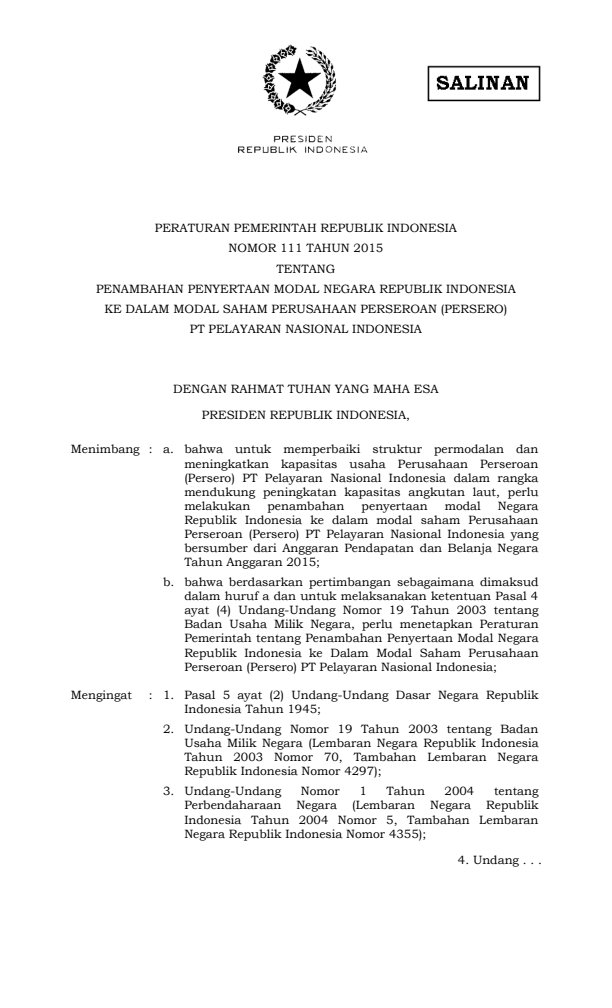 Peraturan Pemerintah Nomor 111 Tahun 2015