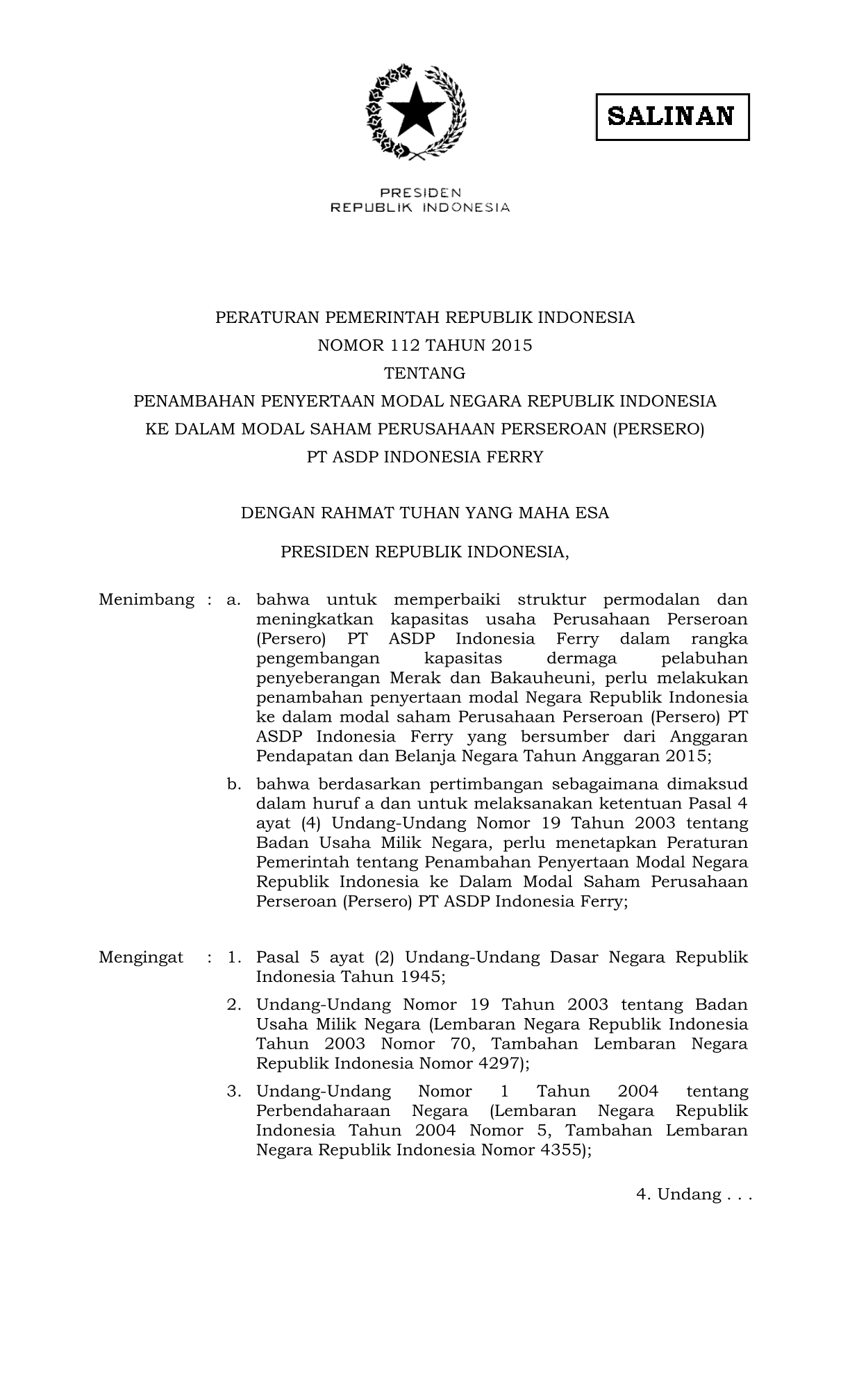 Peraturan Pemerintah Nomor 112 Tahun 2015