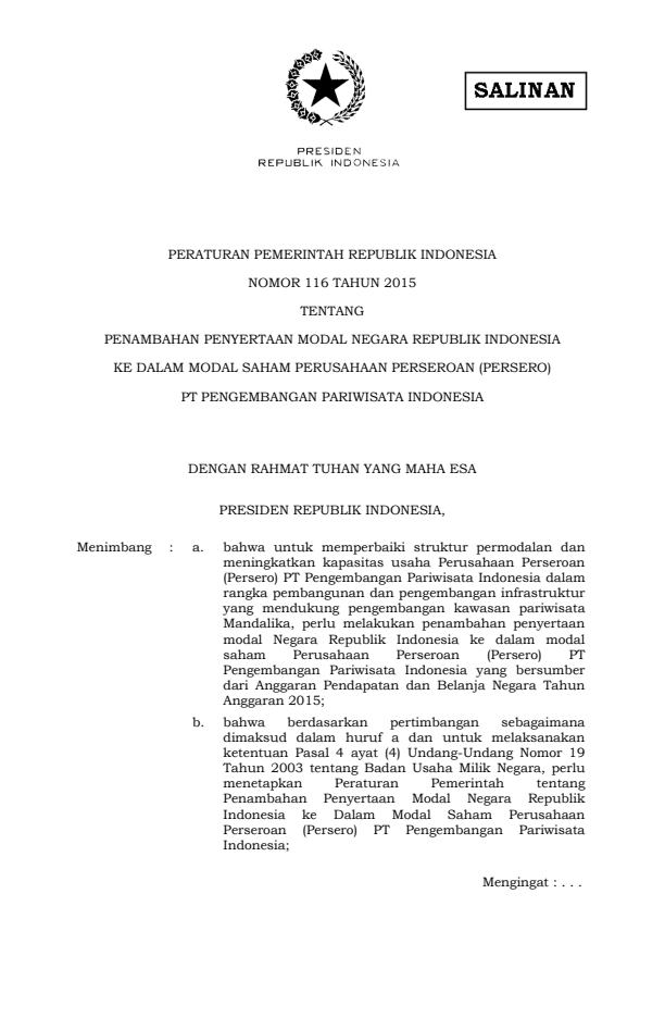 Peraturan Pemerintah Nomor 116 Tahun 2015