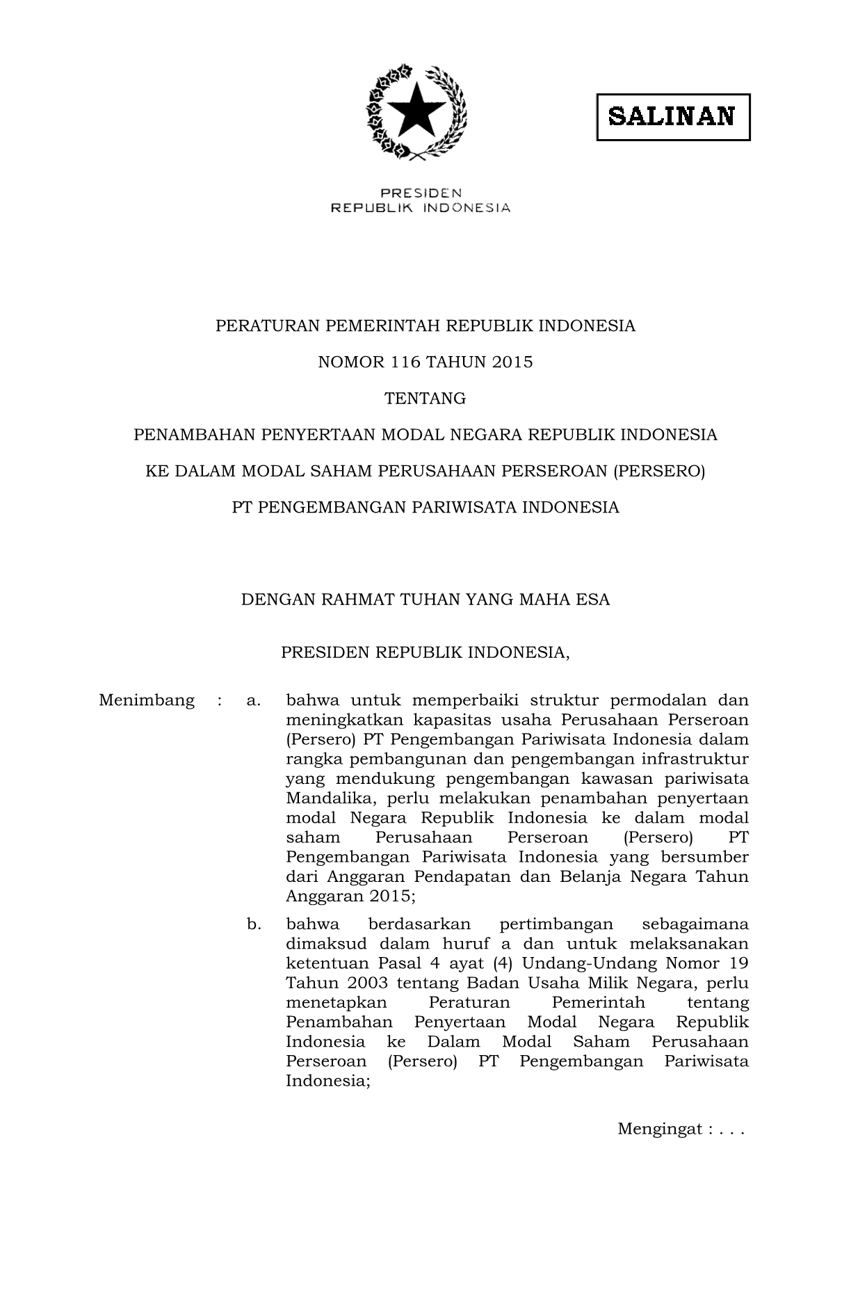 Peraturan Pemerintah Nomor 116 Tahun 2015