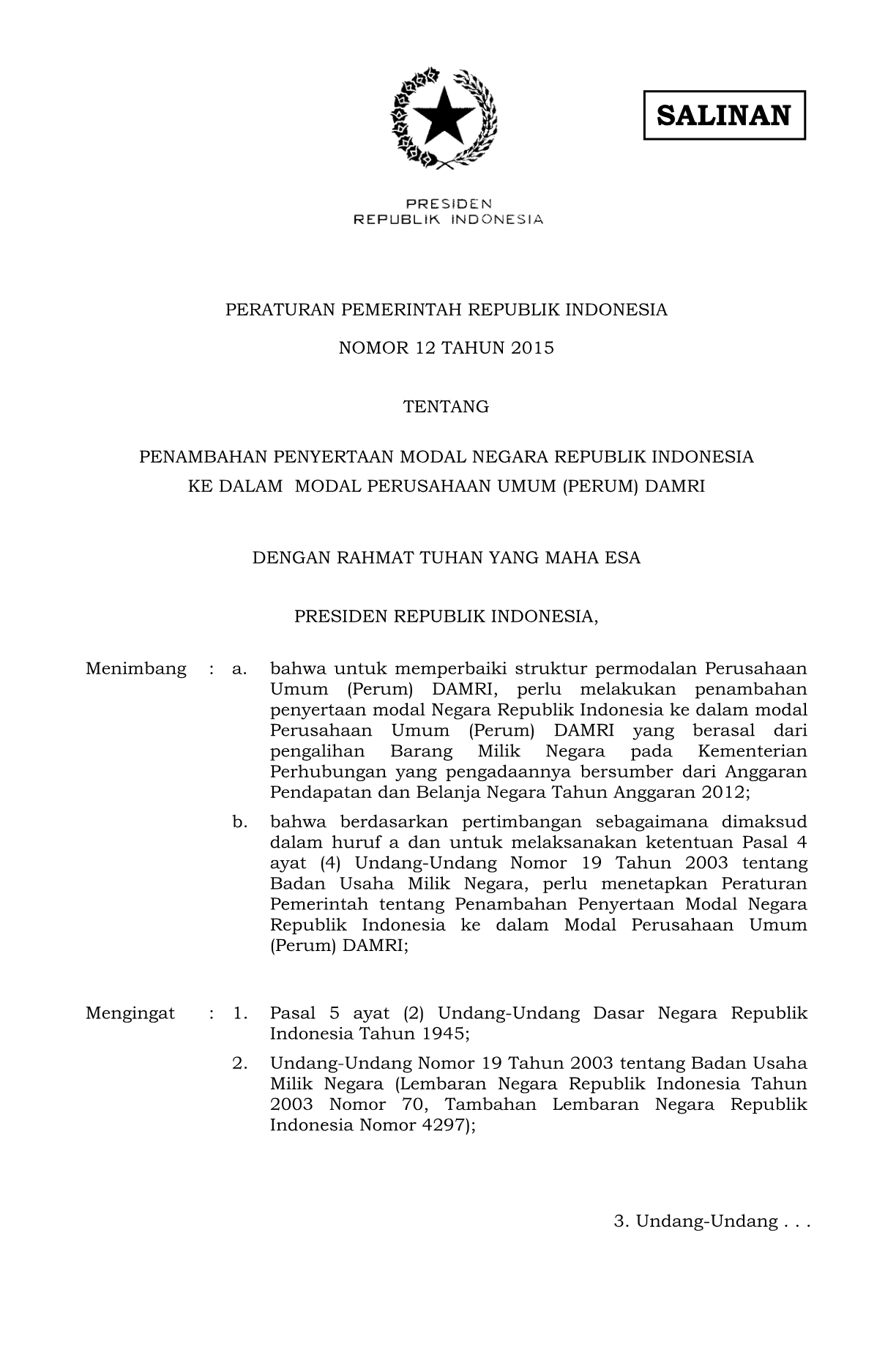 Peraturan Pemerintah Nomor 12 Tahun 2015