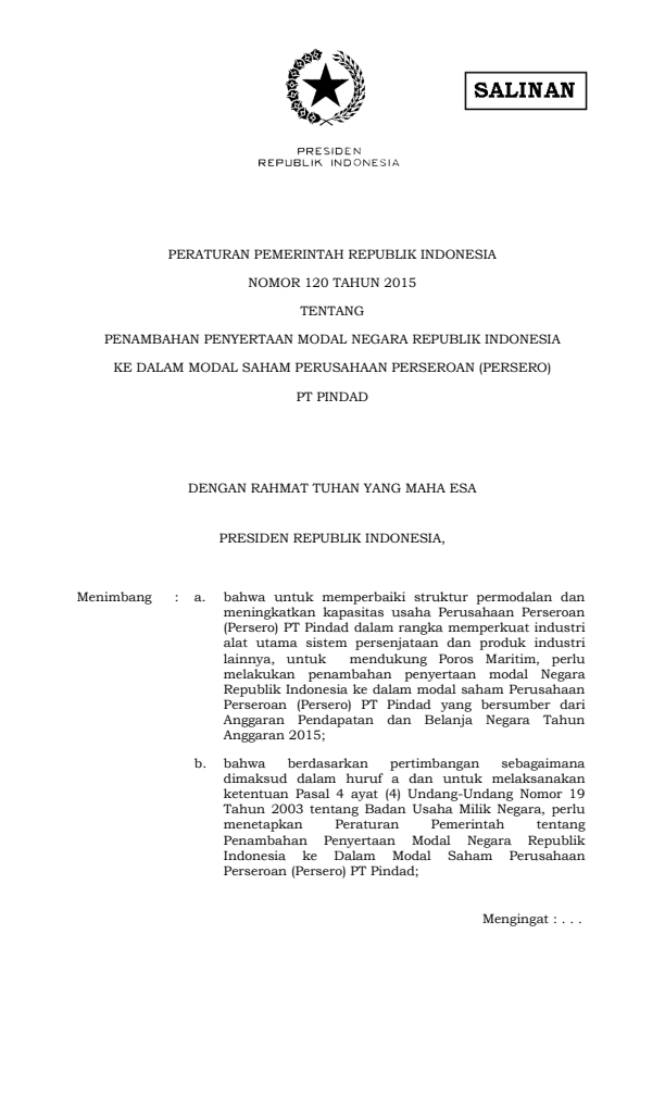 Peraturan Pemerintah Nomor 120 Tahun 2015