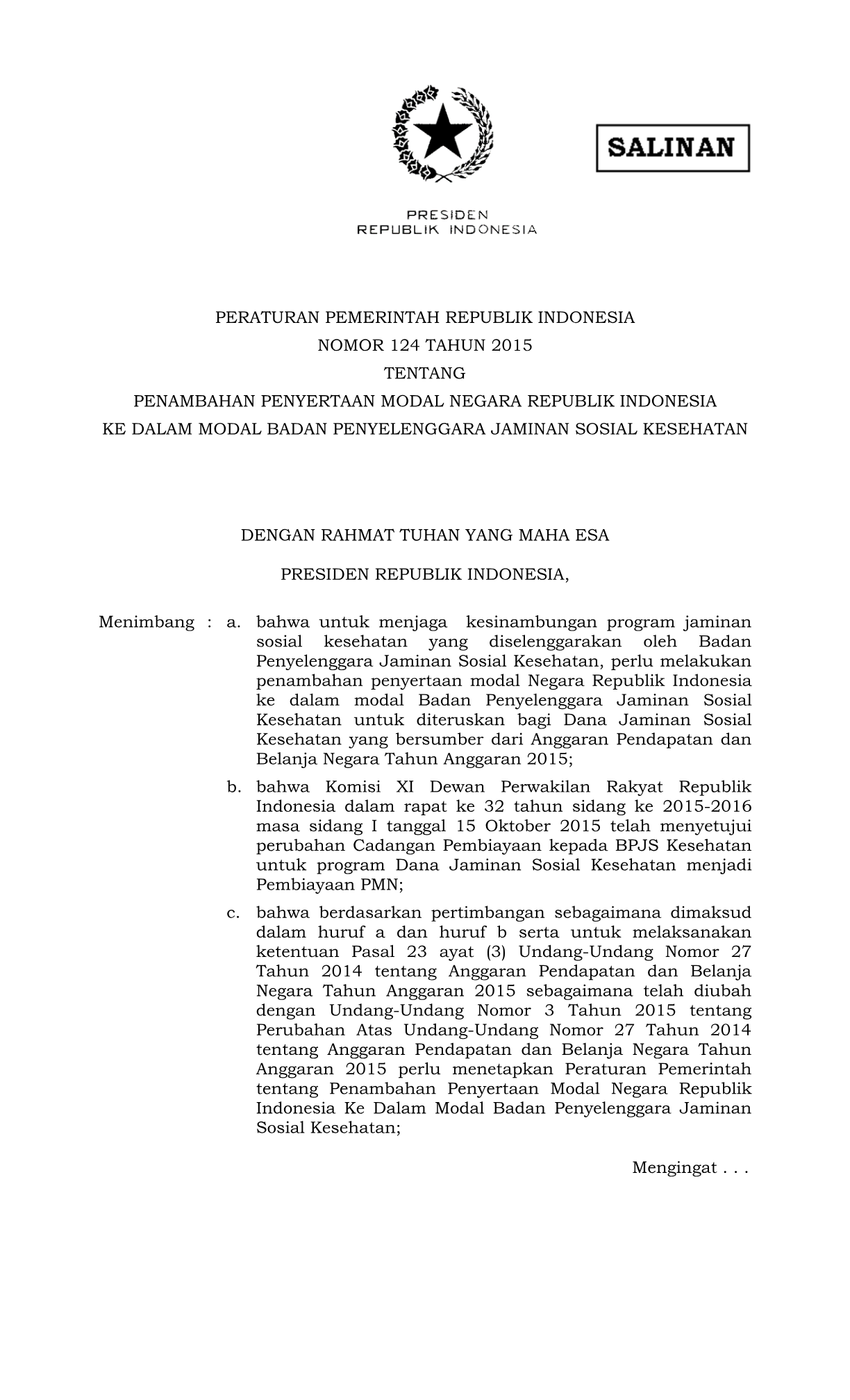 Peraturan Pemerintah Nomor 124 Tahun 2015