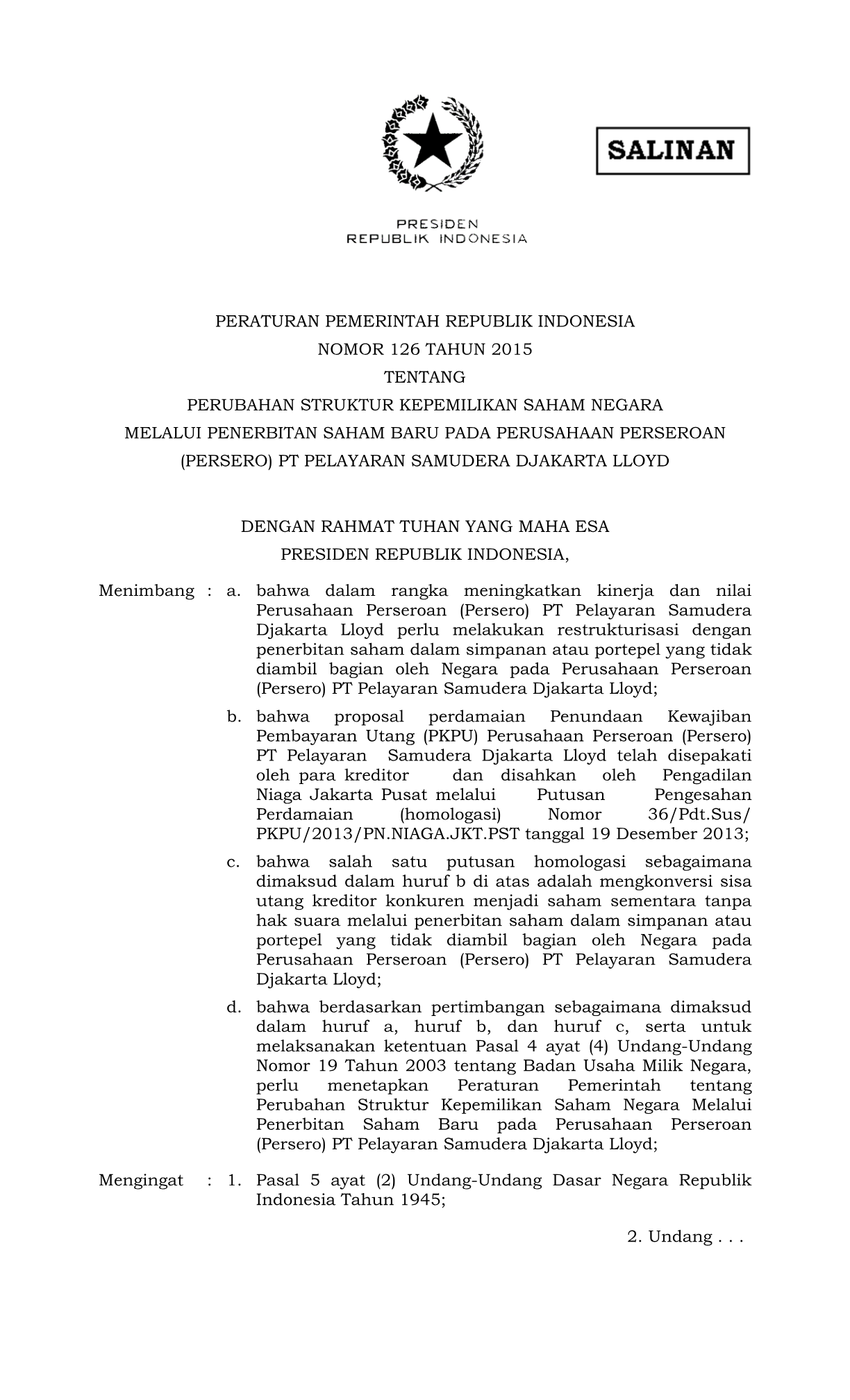 Peraturan Pemerintah Nomor 126 Tahun 2015