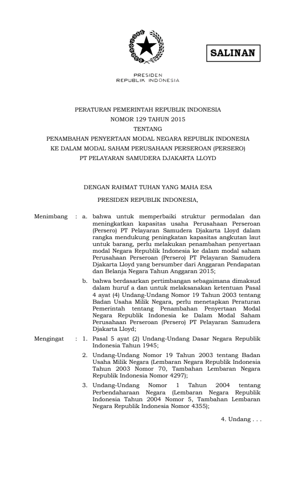 Peraturan Pemerintah Nomor 129 Tahun 2015