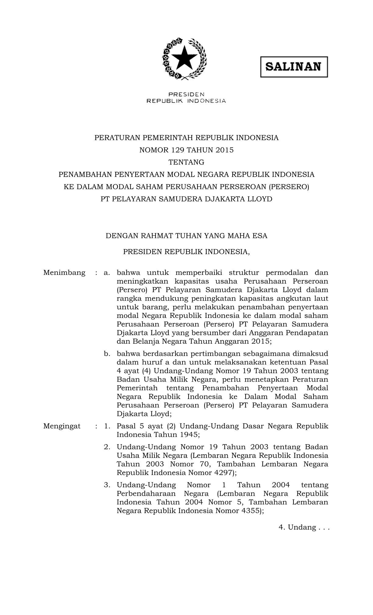 Peraturan Pemerintah Nomor 129 Tahun 2015
