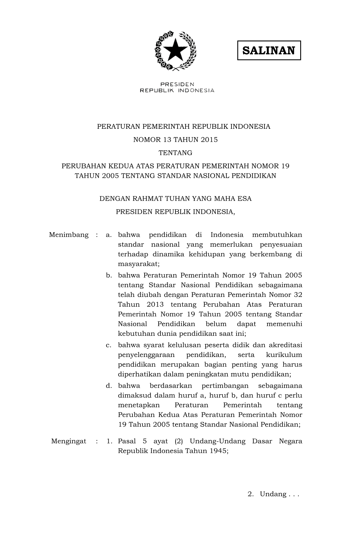 Peraturan Pemerintah Nomor 13 Tahun 2015