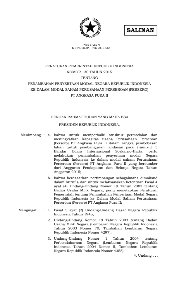 Peraturan Pemerintah Nomor 130 Tahun 2015