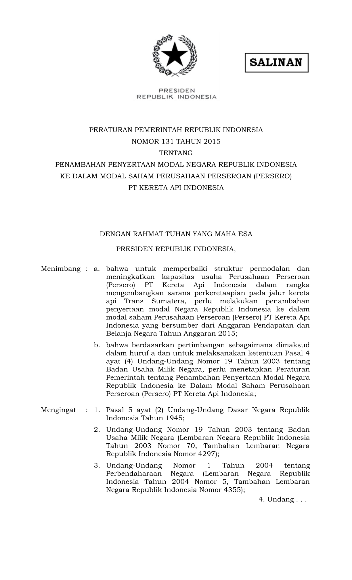Peraturan Pemerintah Nomor 131 Tahun 2015