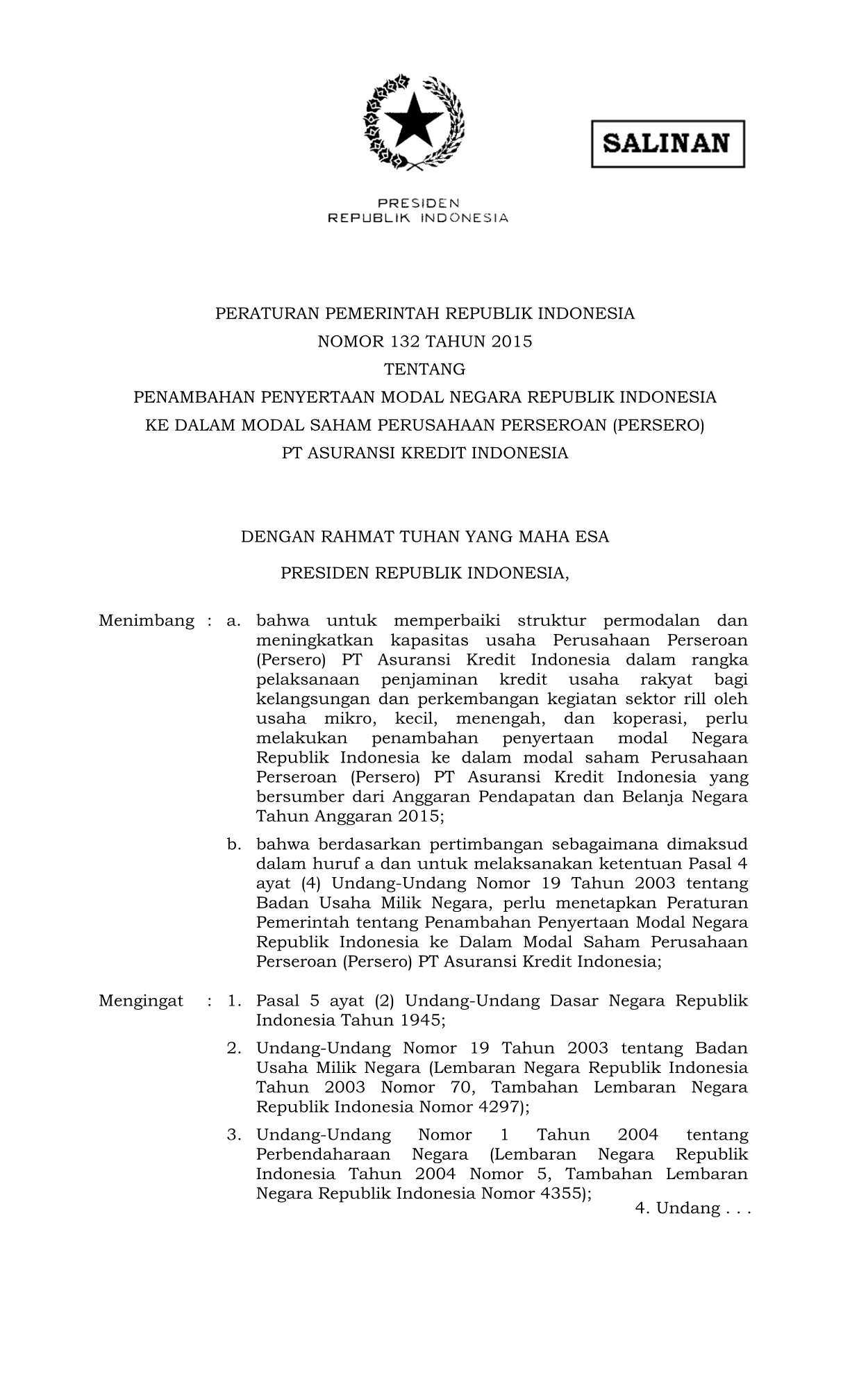 Peraturan Pemerintah Nomor 132 Tahun 2015