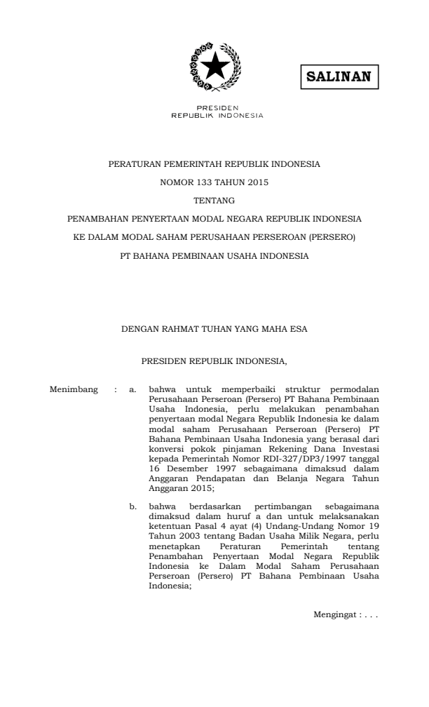 Peraturan Pemerintah Nomor 133 Tahun 2015