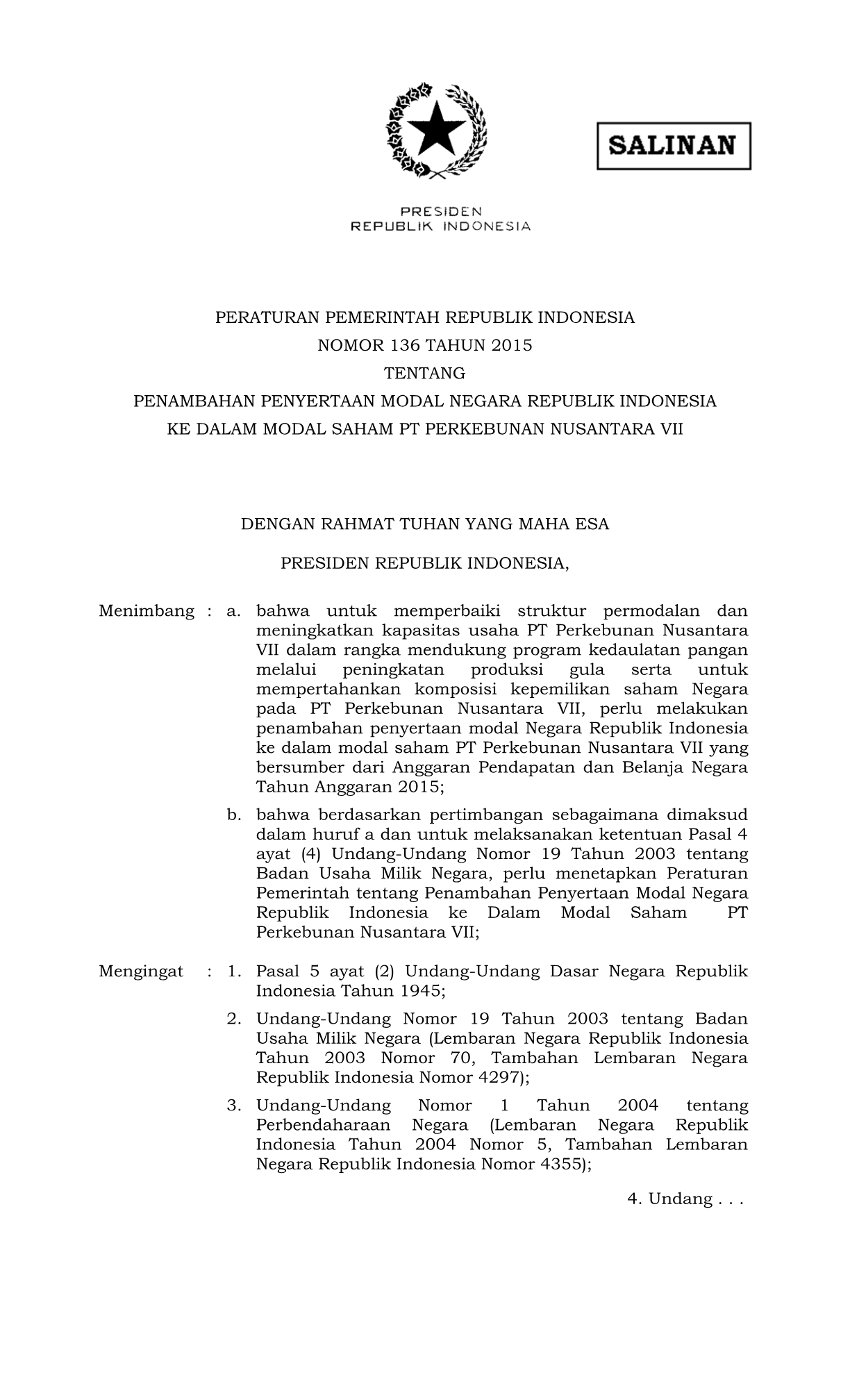 Peraturan Pemerintah Nomor 136 Tahun 2015