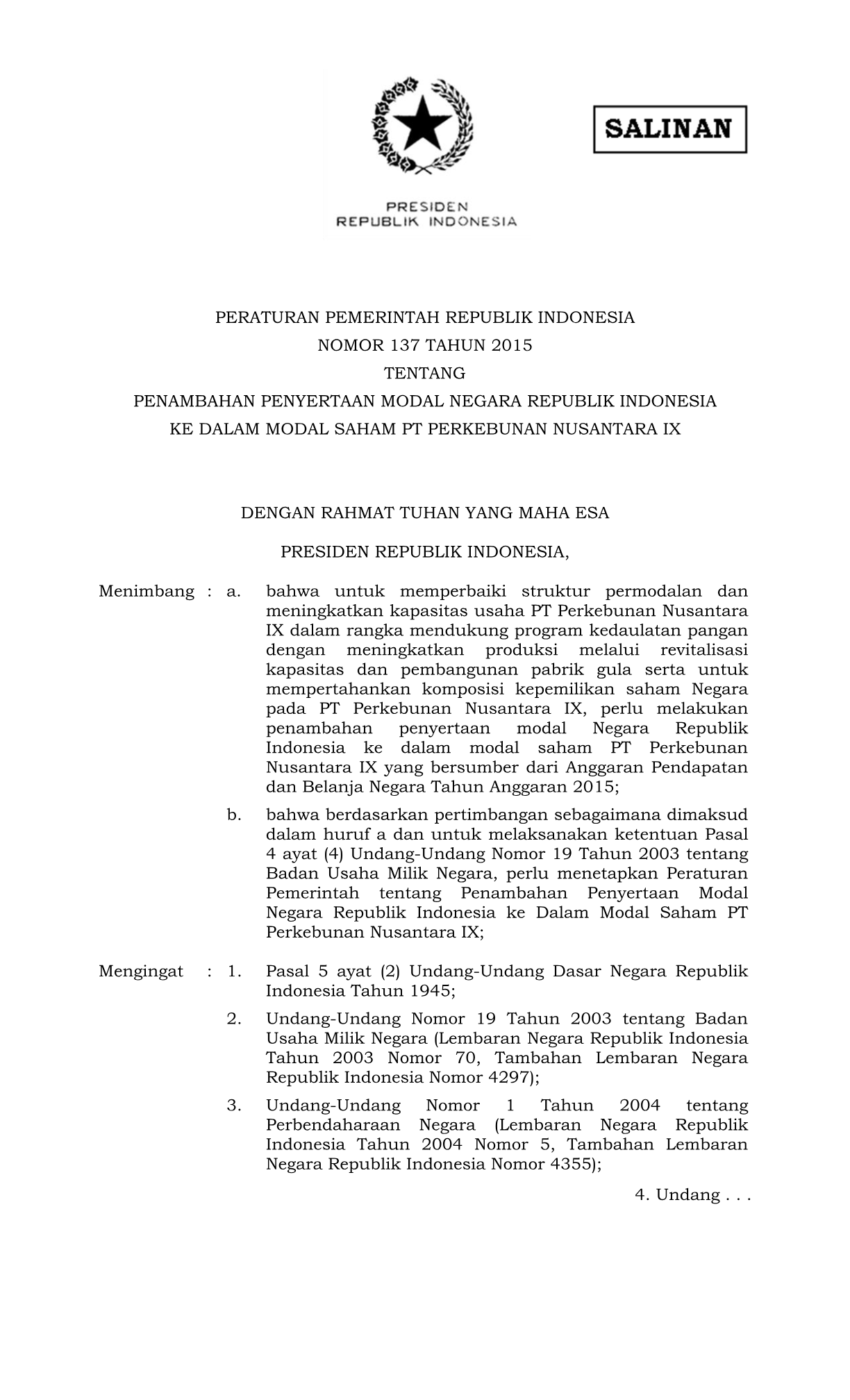 Peraturan Pemerintah Nomor 137 Tahun 2015