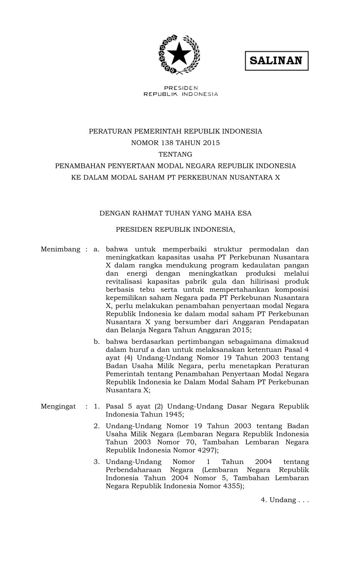 Peraturan Pemerintah Nomor 138 Tahun 2015
