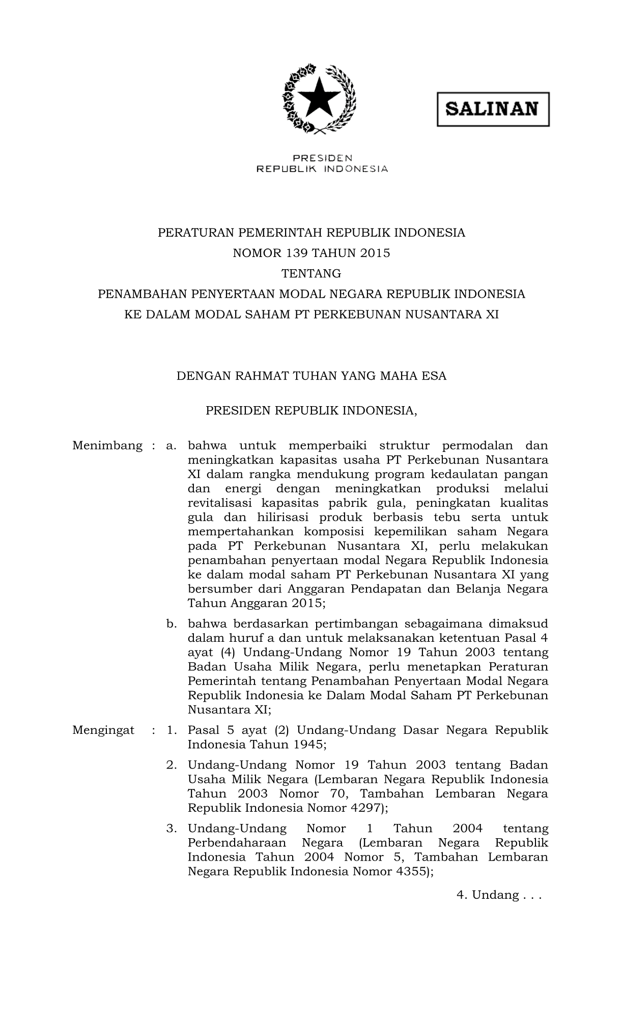 Peraturan Pemerintah Nomor 139 Tahun 2015