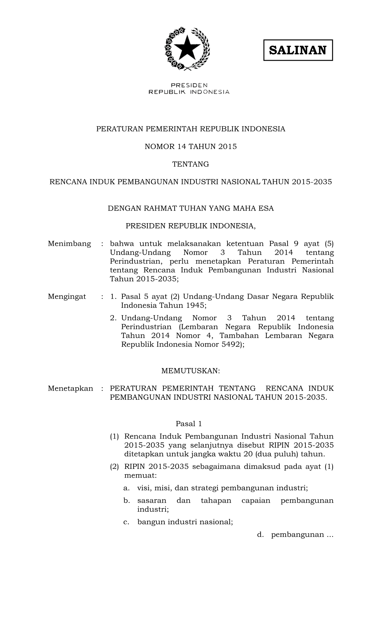 Peraturan Pemerintah Nomor 14 Tahun 2015