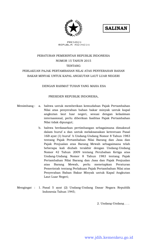 Peraturan Pemerintah Nomor 15 Tahun 2015