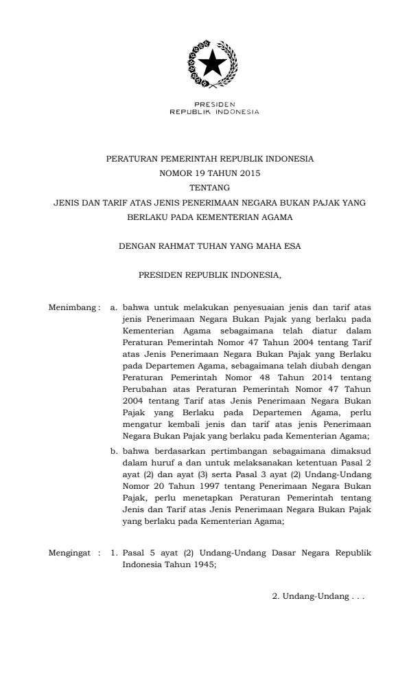 Peraturan Pemerintah Nomor 19 Tahun 2015