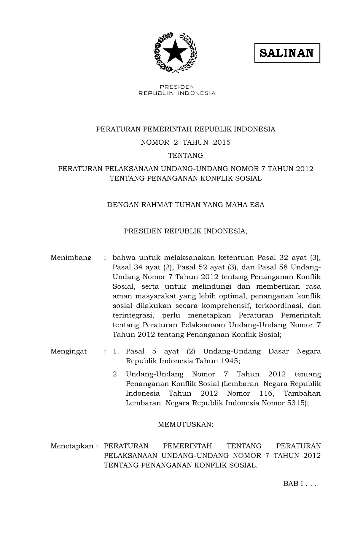 Peraturan Pemerintah Nomor 2 Tahun 2015