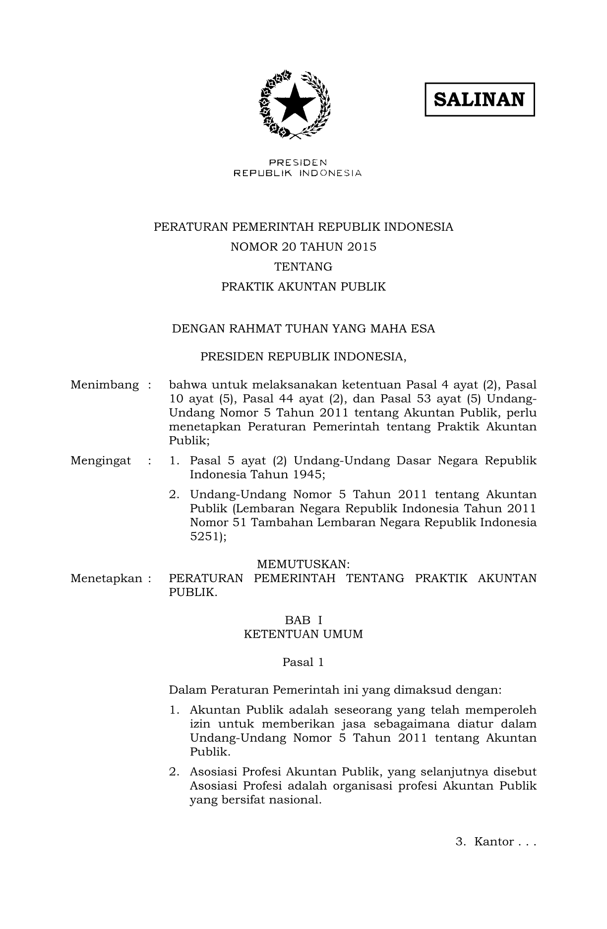 Peraturan Pemerintah Nomor 20 Tahun 2015