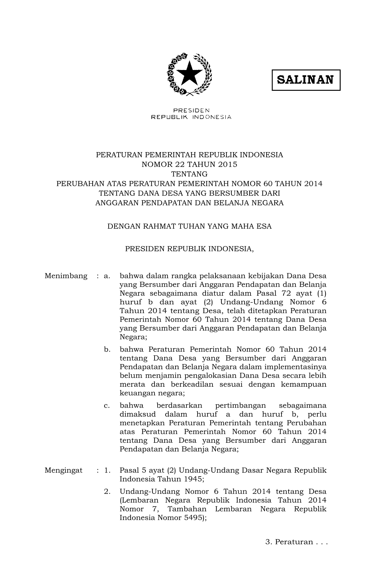 Peraturan Pemerintah Nomor 22 Tahun 2015